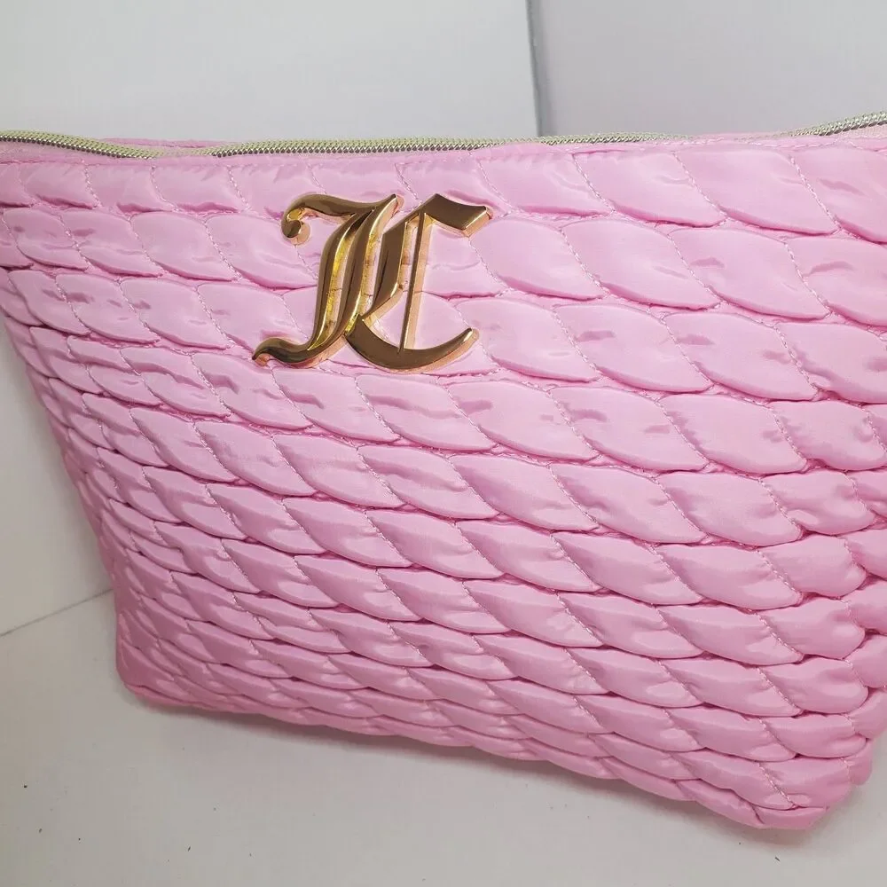 Juicy Couture Large Quilted Makeup Cosmetic Travel Zipper Bag Logo Baby Pink